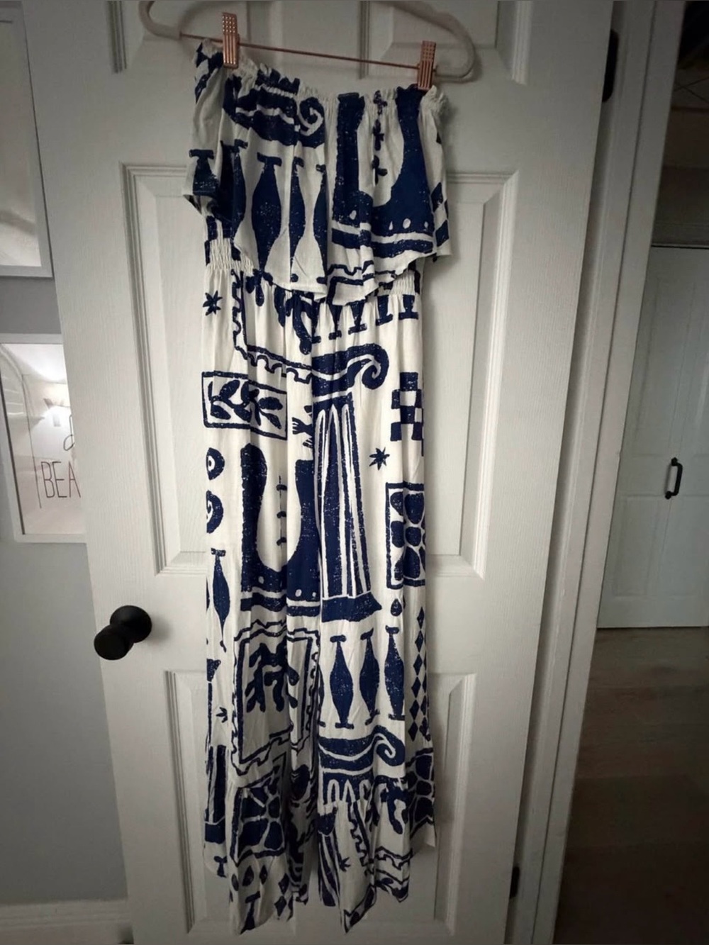 Strapless White Jumpsuit with Navy Graphic Print NWT